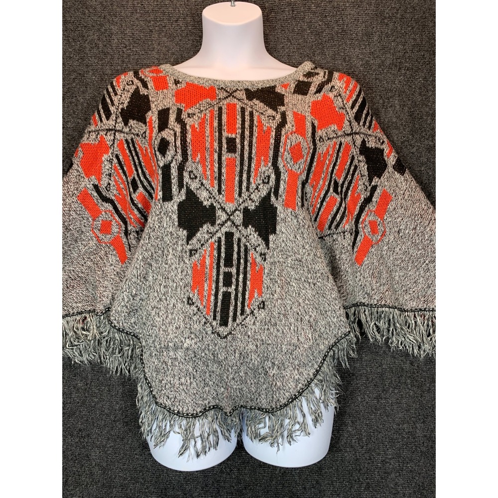 Mossimo Poncho Sweater w/ Sleeves L/XL Gray Aztec Fringe Boho Oversized Knit